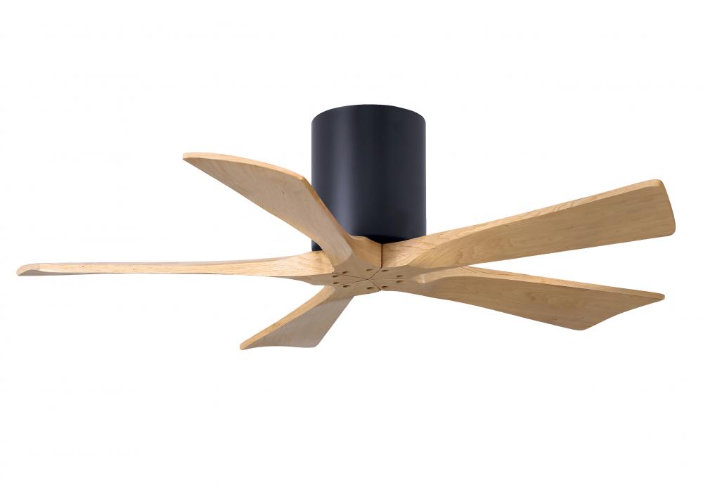 Irene-5H three-blade flush mount paddle fan in Matte Black finish with 42” Light Maple tone blad