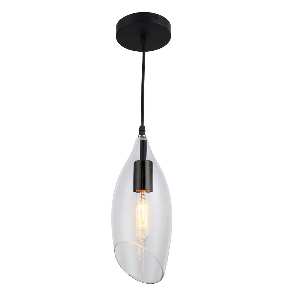 1 Light Incandescent Pendant, Black Finish with Clear Glass