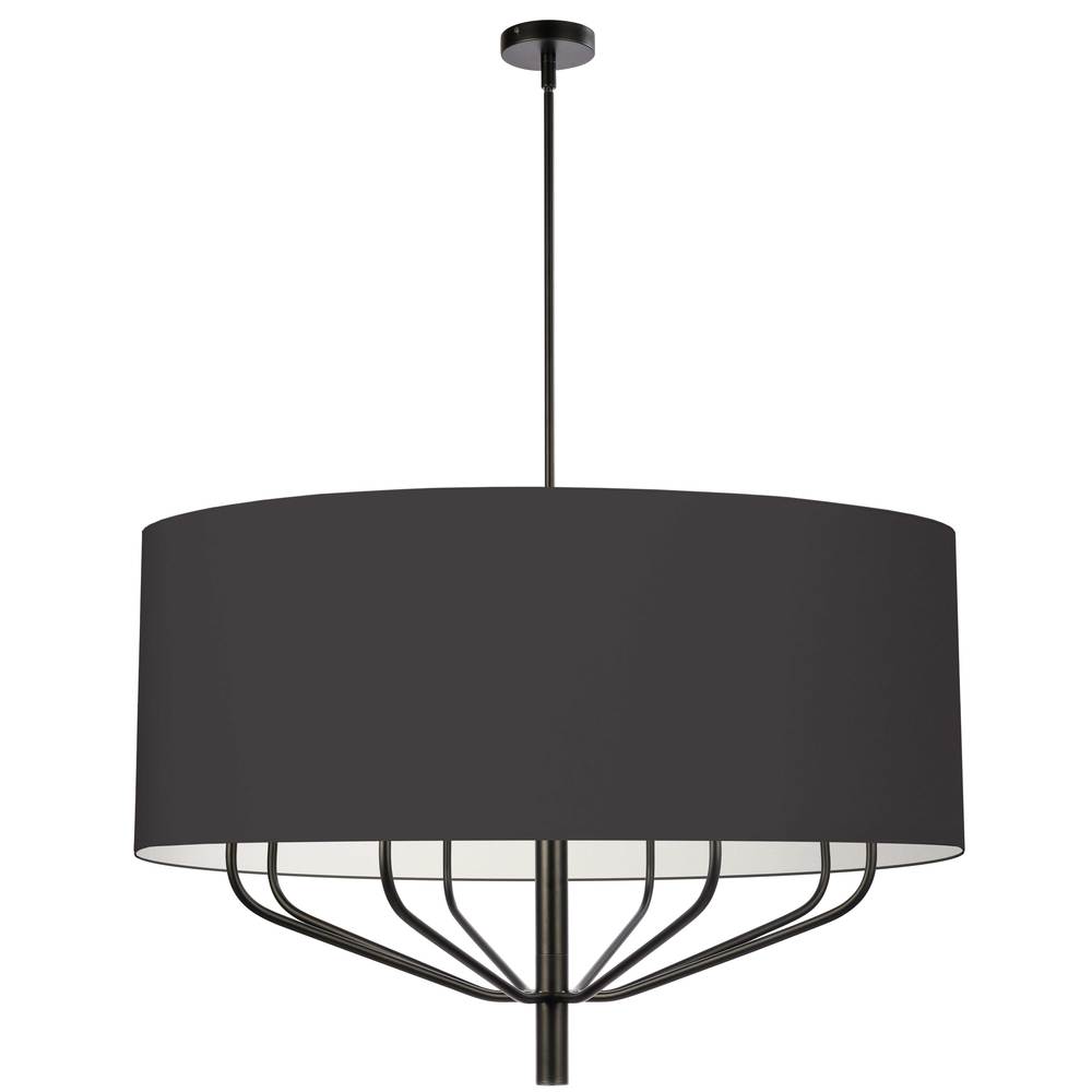 8 Light Incandescent Chandelier, Matte Black with White Shade