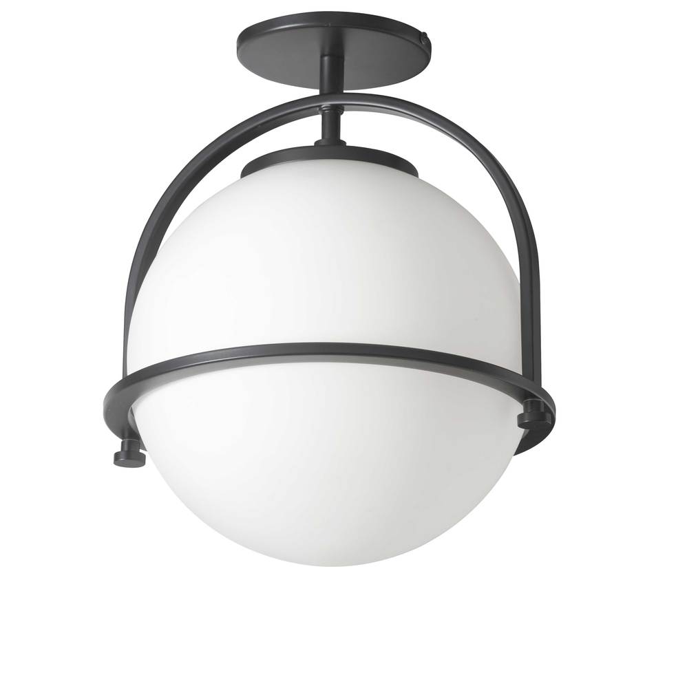 1 Light Incandescent Semi-Flush Matte Black with White Opal Glass