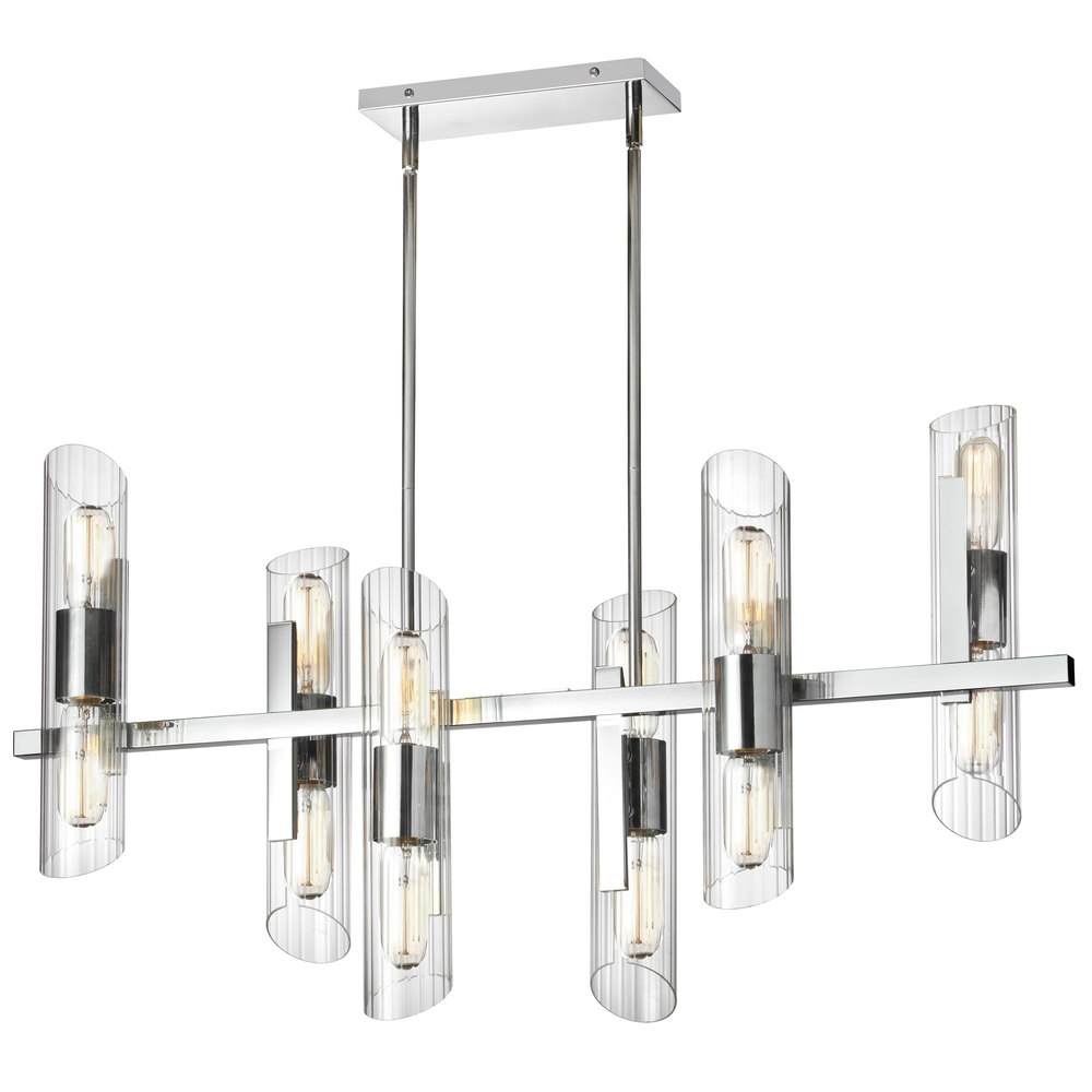 12 Light Horizontal Polished Chrome Chandelier w/ Clear Fluted Glass