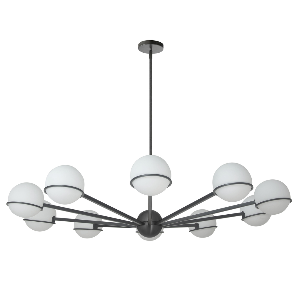 10 Light Halogen Chandelier, Matte Black with White Opal Glass