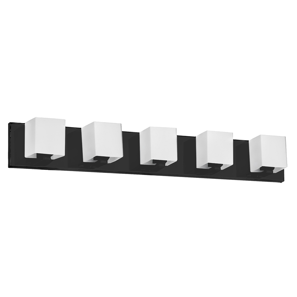 5 Light Halogen Vanity, Matte Black with White Glass