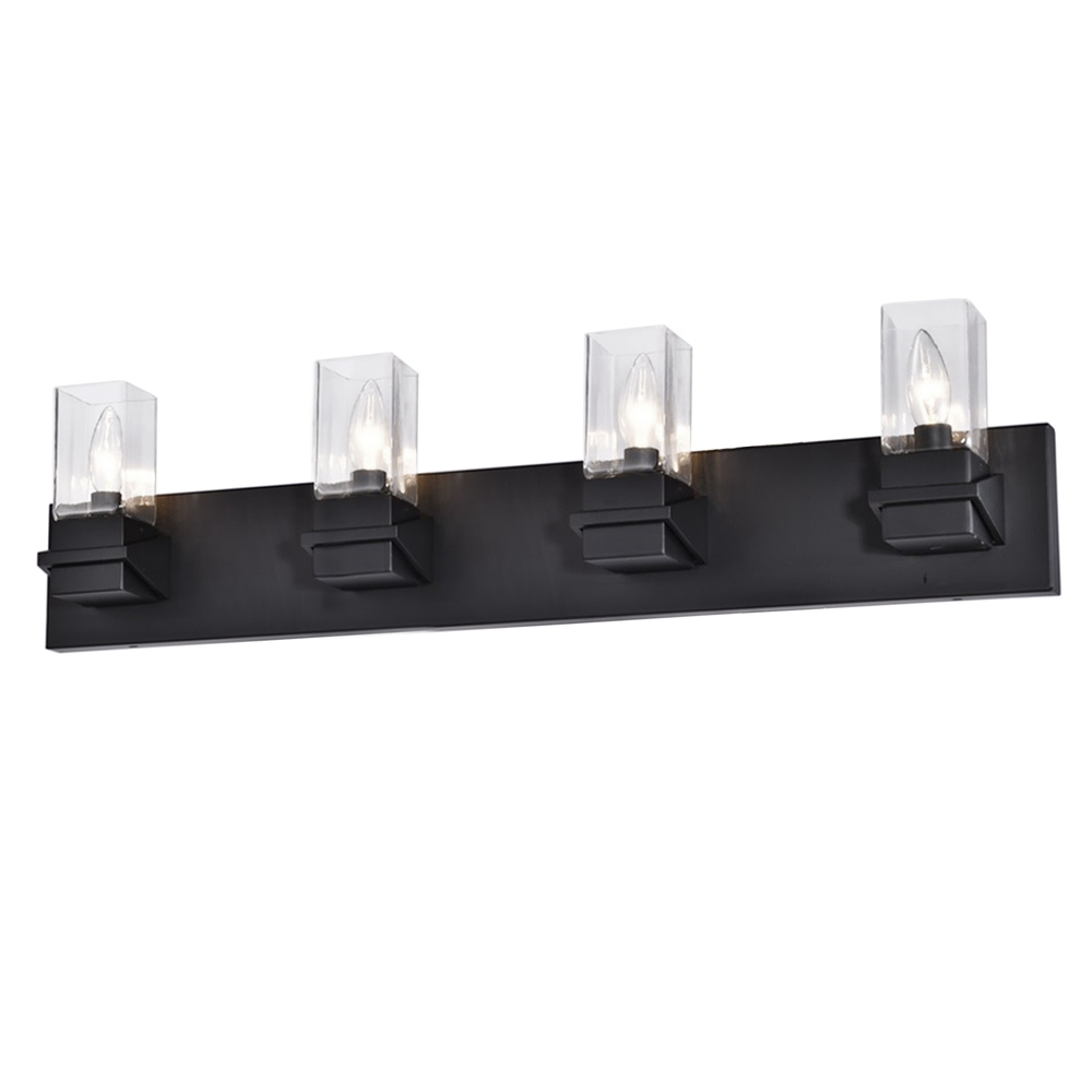 4 Light Incandescent Vanity, Matte Black w/ Clear Glass